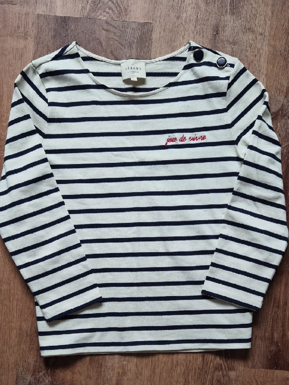 Sezane Colette MARINIERE Cream and Navy Striped Long Sleeve Tee with Red Script